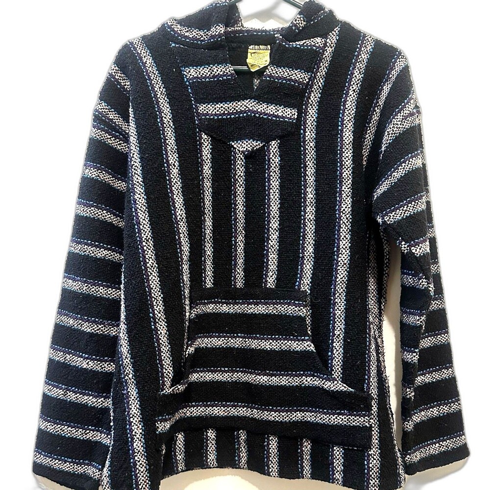 Vintage Frank’s Baja Hoodie Black Striped Mexican Poncho Pullover M/L Drug Rug